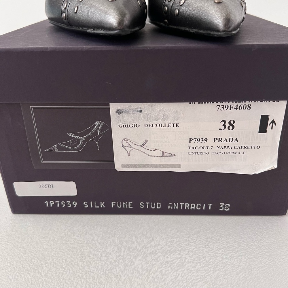 New PRADA | Dark Gray Metallic Studded Mary Jane Pointed Pumps Heels EU 38 New - Picture 15 of 15